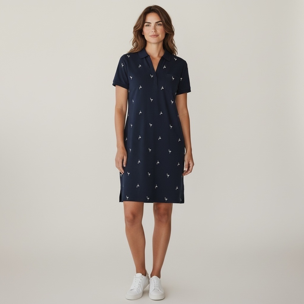T by Talbots Pique Polo Dress Womens M Embroidered Flamingo UPF50+ Whimsical